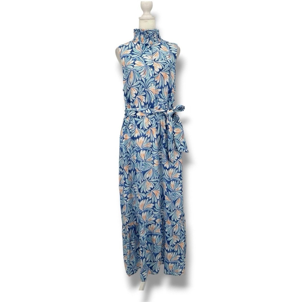 J.McLaughlin XL Silk Blend Floral Maxi Dress Blue‎ Sleeveless Belted Pockets